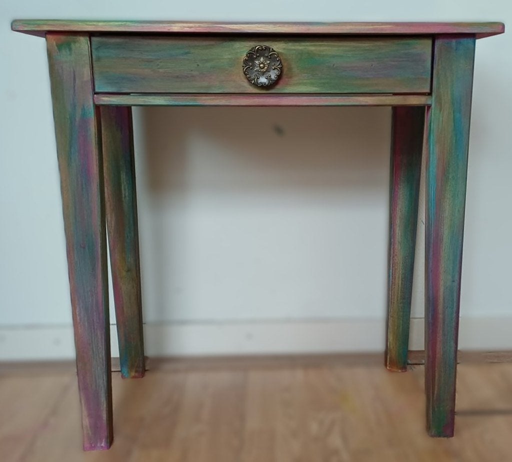 Een boho tafeltje met lade, bijzettafel, sidetable, buro'tje, 100 tot 150 cm, Ophalen of Verzenden, Zo goed als nieuw, 25 tot 50 cm