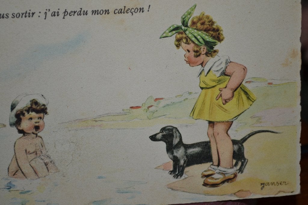 frankrijk 1950 meisje teckel bij zee van Janser illustrator, Verzamelen, Ophalen of Verzenden, 1940 tot 1960, Gelopen, Sterren en Beroemdheden