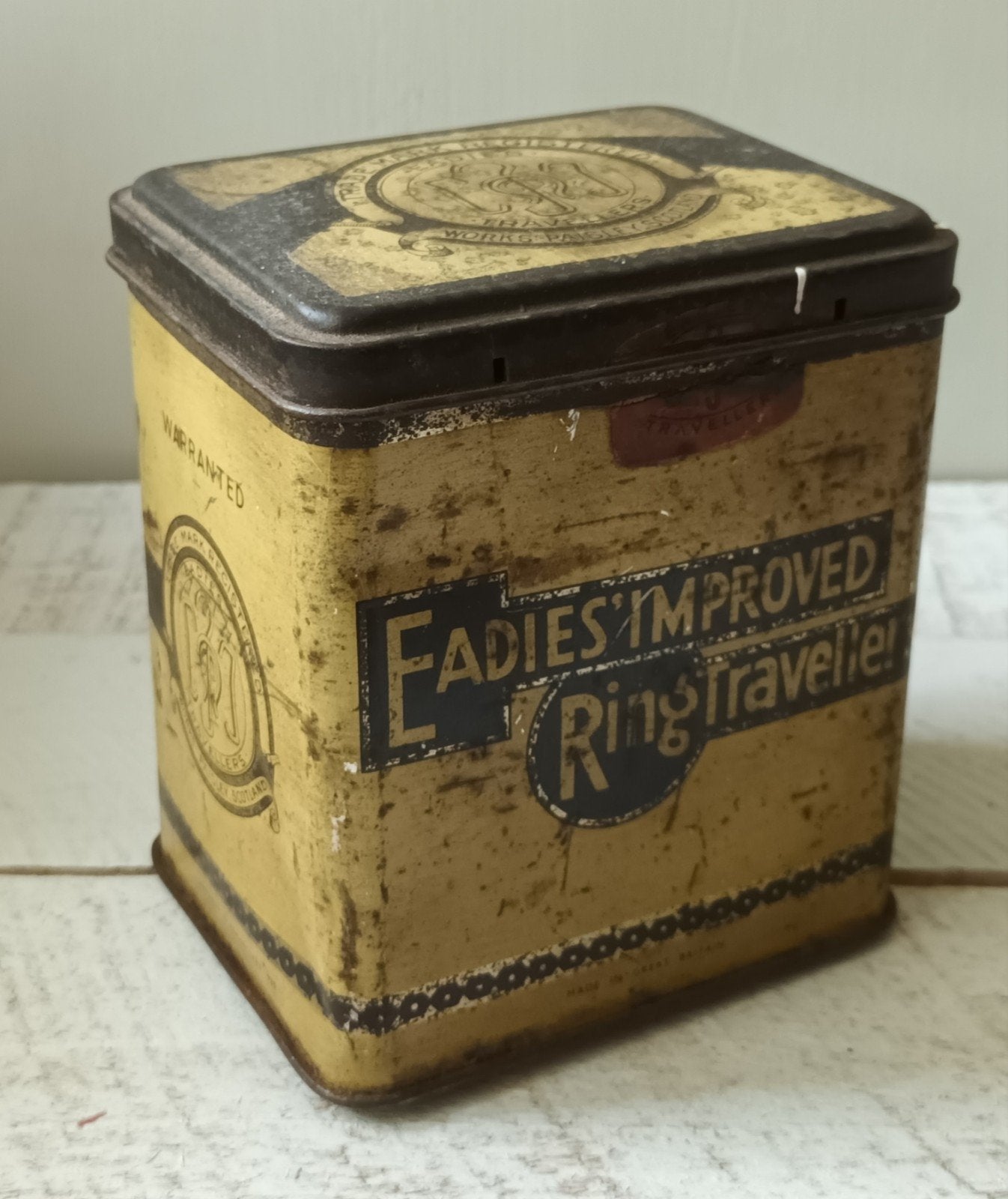 Antiek Eadies improved ring travellers blik., Ophalen of Verzenden