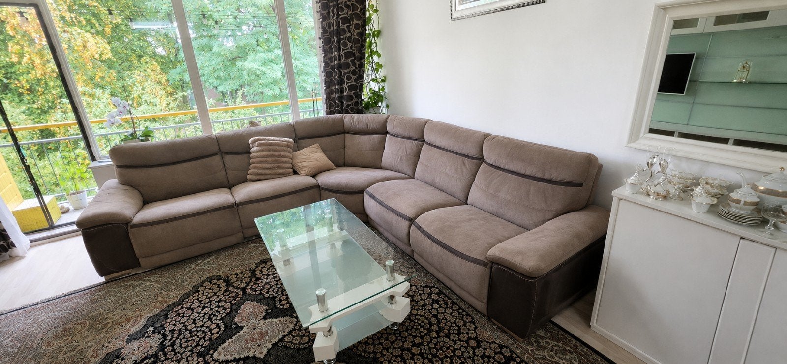 Comfortabele hoekbank met verstelbare rugleuningen, Ophalen of Verzenden, Gebruikt, Stof, Modern, Comfortabel