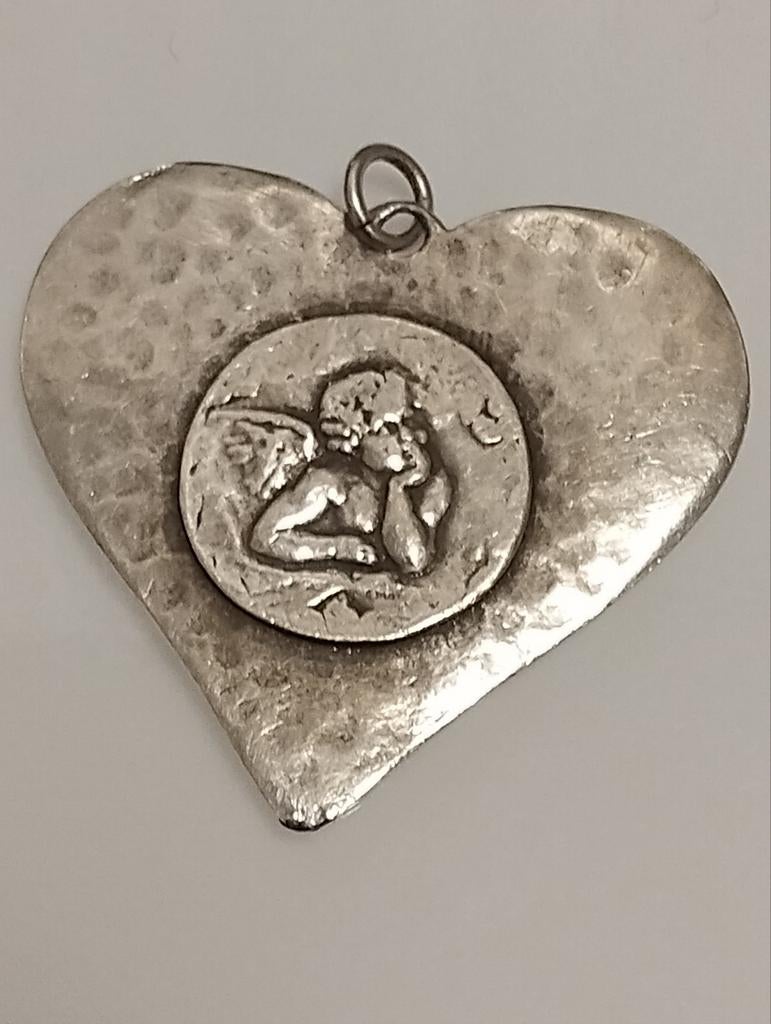 Oude zilveren cherubijn hart hanger pendant, Sieraden, Tassen en Uiterlijk, Antieke sieraden, Ophalen of Verzenden, Zilver, Hanger