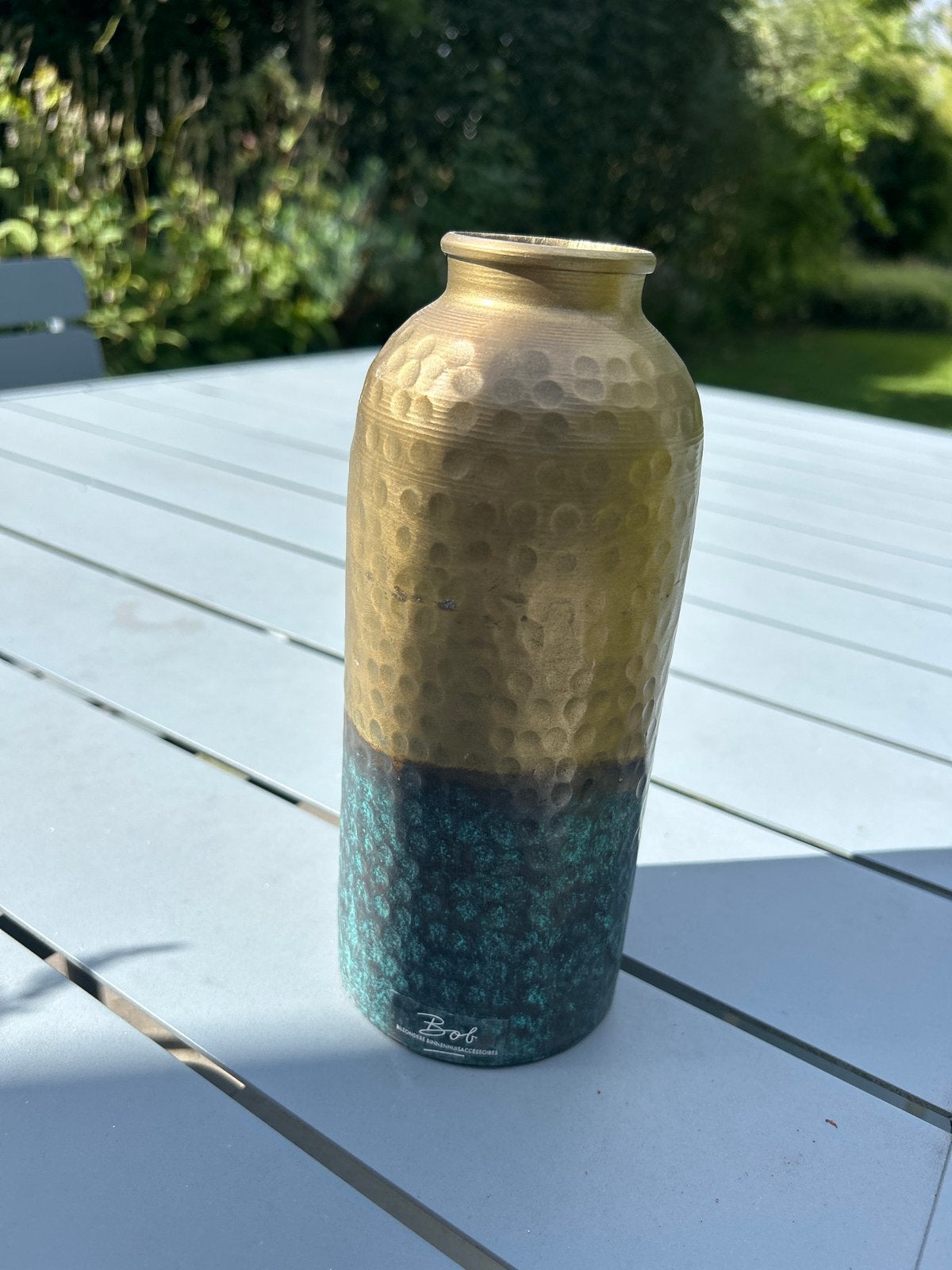 Unieke Bob vaas - gehamerd goud en groen patina, Ophalen