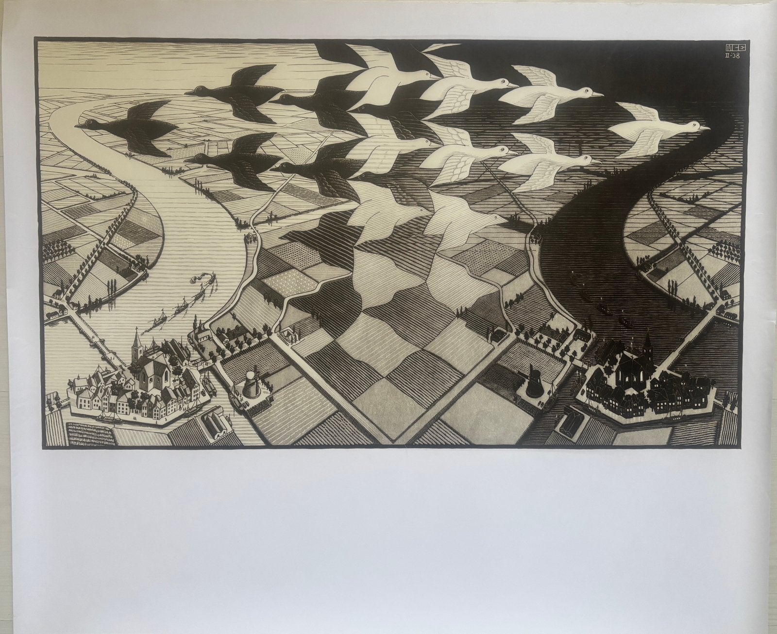 M.C. Escher – Dag en Nacht  - Breughel - reproductie 1970, Ophalen of Verzenden, Lithografie