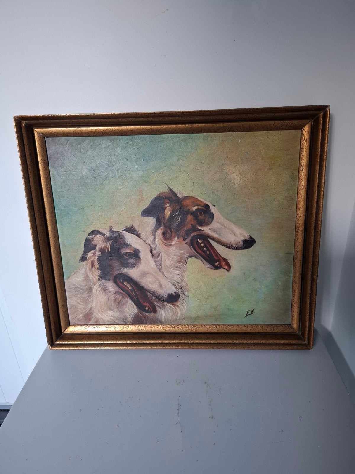 Olieverf Schilderij: Twee Russische Borzoi Wolfshonden, Paneel, Dieren, Ophalen of Verzenden, Olieverf