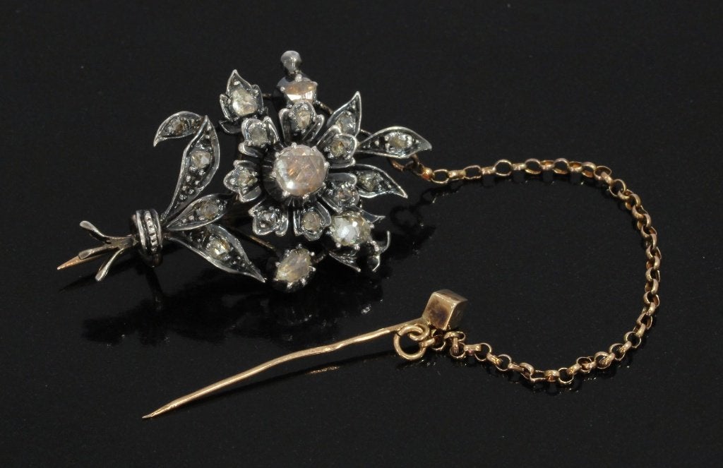 Diamanten bloem fraaie 14k gouden broche zilver antiek dames, Verzenden, Goud, Broche, Met edelsteen