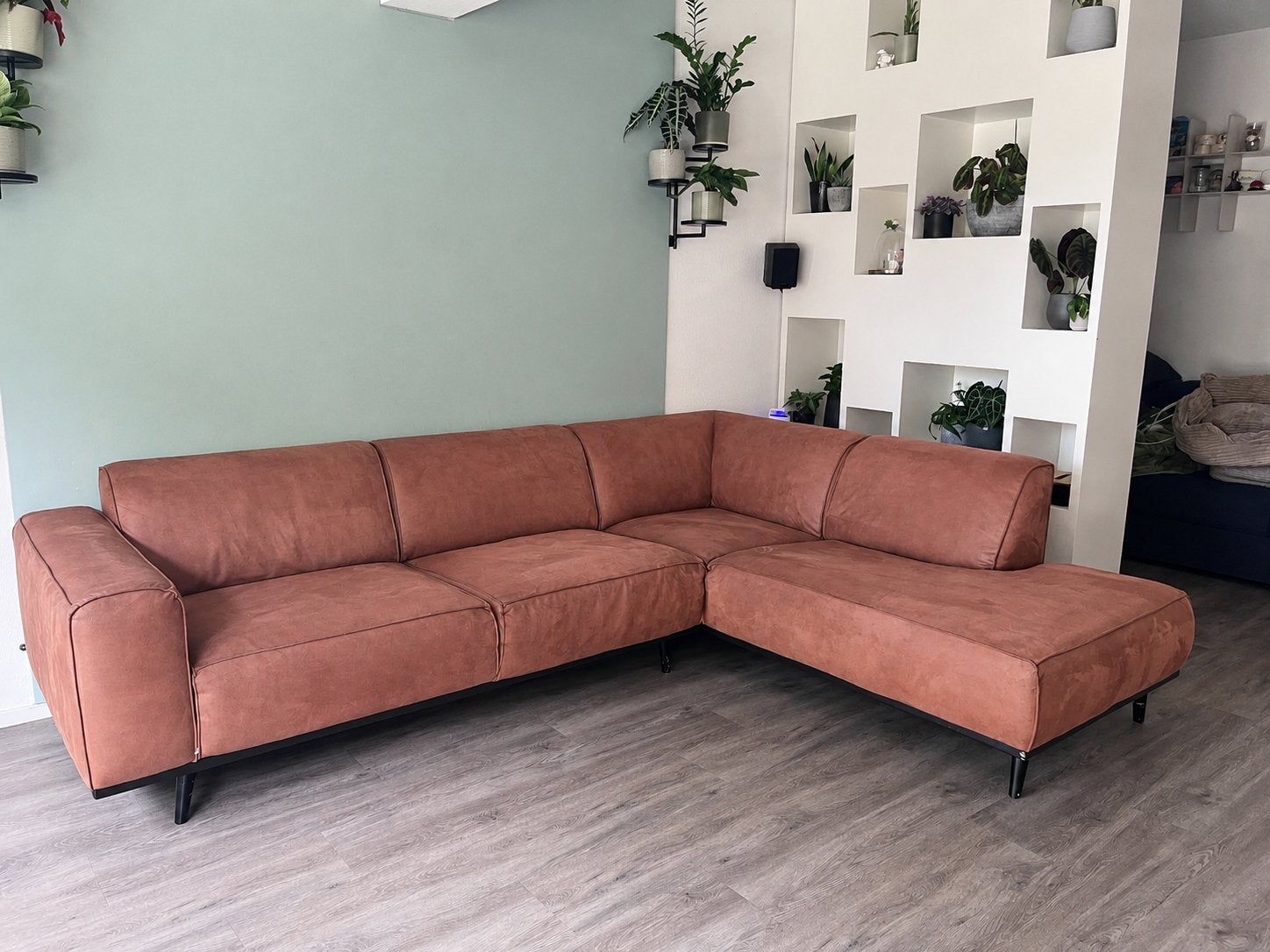 Woood Hoekbank cognac, zo goed als nieuw, Huis en Inrichting, Banken | Bankstellen, Ophalen, Hoekbank, 300 cm of meer, Zo goed als nieuw