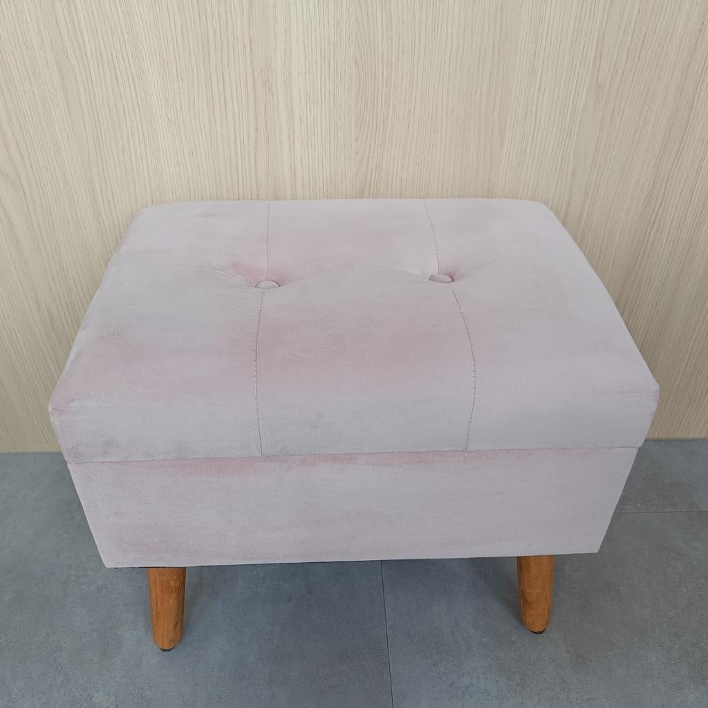 Lichtroze fluwelen opbergpoef vilt onder poten opbergbankje, Huis en Inrichting, Stoelen, Ophalen, Overige kleuren, Stof, Eén
