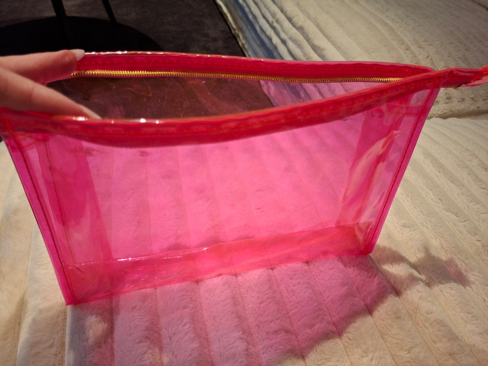 Roze doorzichtige toilettas met gouden rits, Ophalen of Verzenden, Gebruikt, Roze, Dame