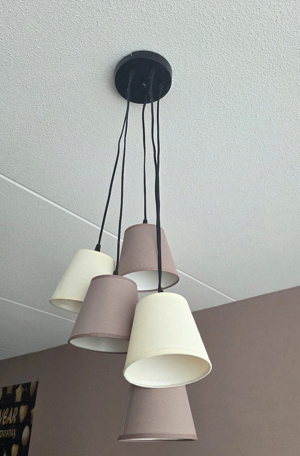 Hanglamp Corgi - 5-lichts met stoffen kappen, Ophalen, Modern, Scandinavisch, Zo goed als nieuw, Metaal