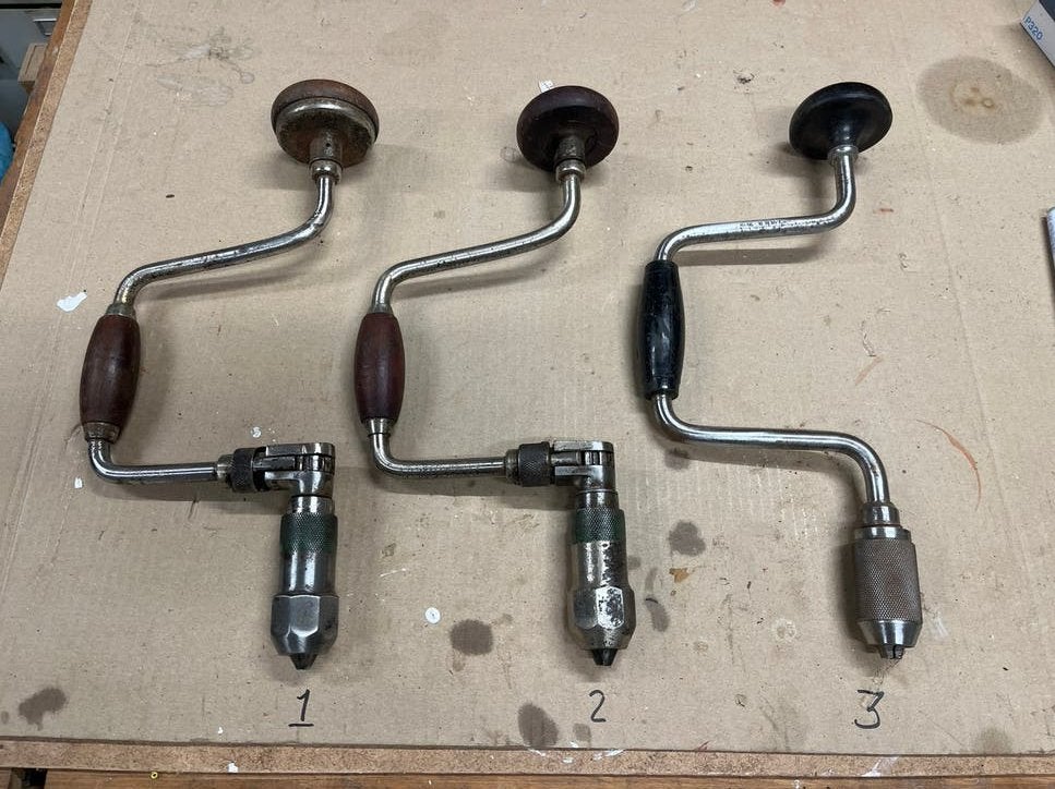 Set van 3 vintage handboren / boorzwengels, Ophalen of Verzenden