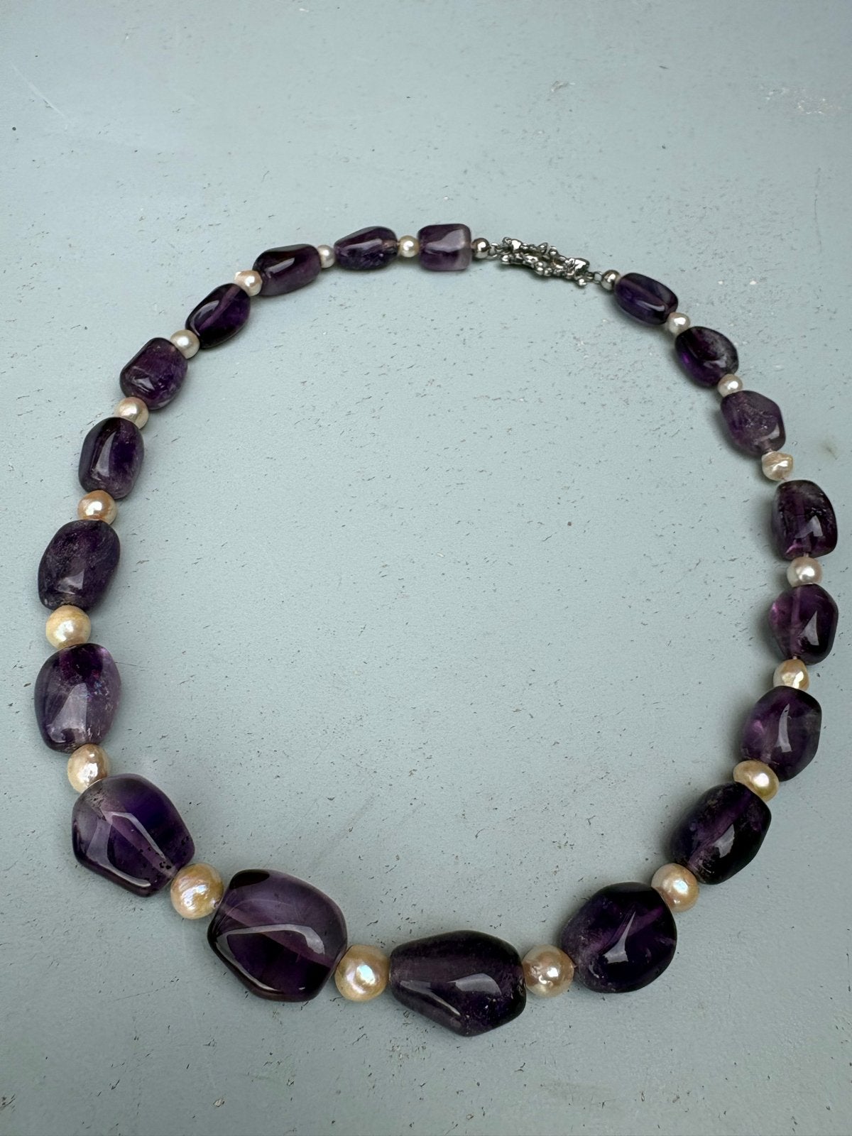 Amethyst ketting met barok parels en zilveren slot, Ophalen of Verzenden, Met edelsteen