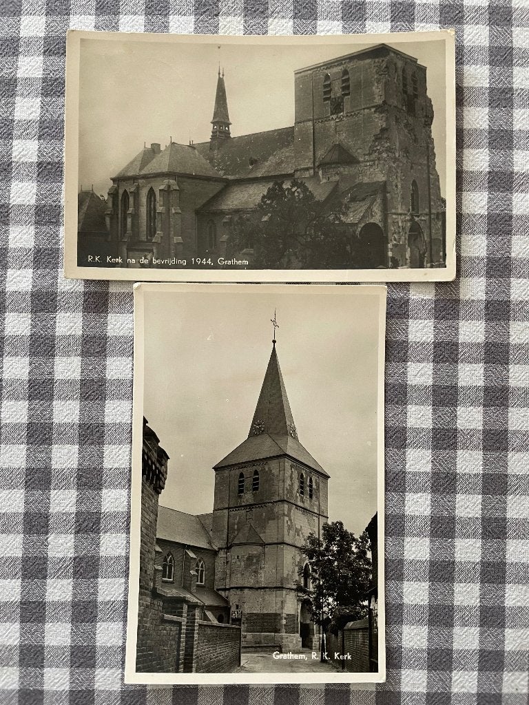 2 oude kaarten St. Severinuskerk - Grathem, Verzamelen, Ansichtkaarten | Nederland, Verzenden, 1940 tot 1960, Limburg
