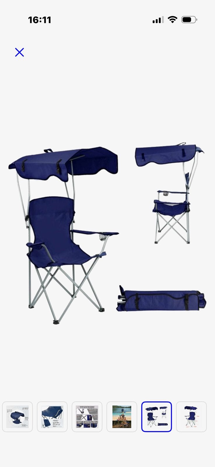 Camping stoel  met zonnedak- grijs 2 stuks, Ophalen, Zo goed als nieuw, Campingstoel