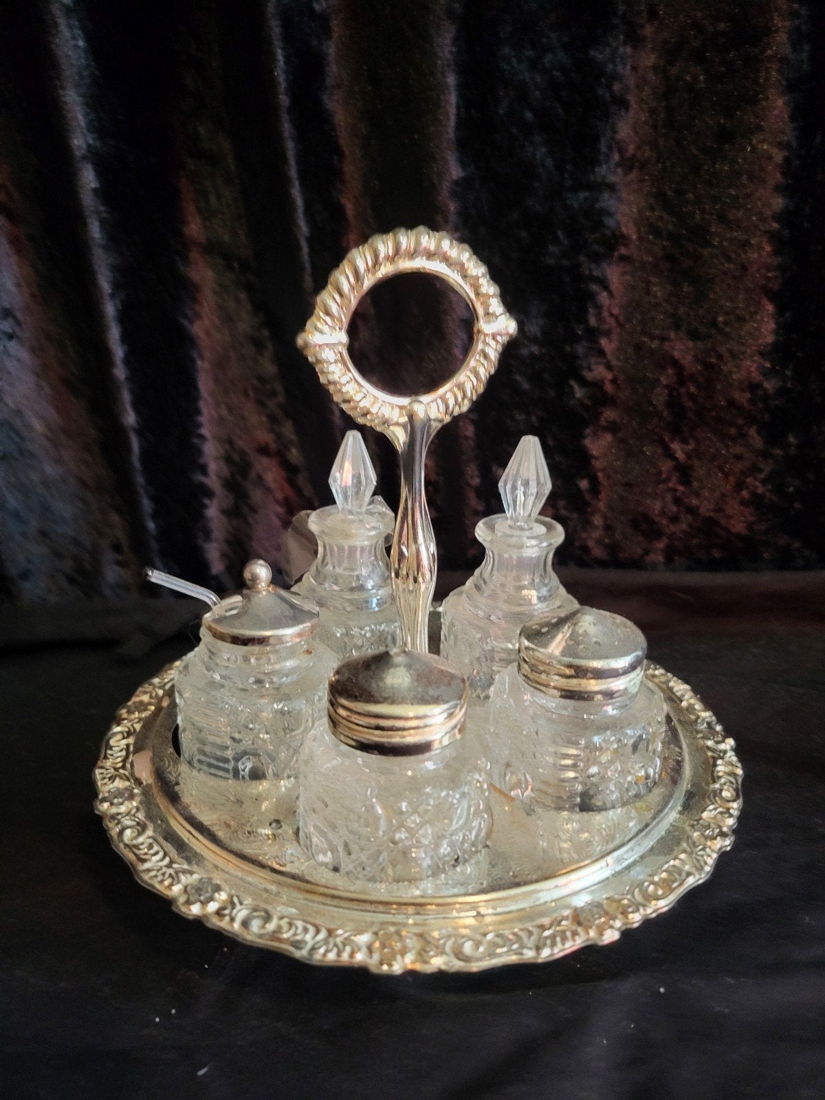 Vintage Zilverkleurige Cruet Set met Kristallen Flesjes, Ophalen of Verzenden