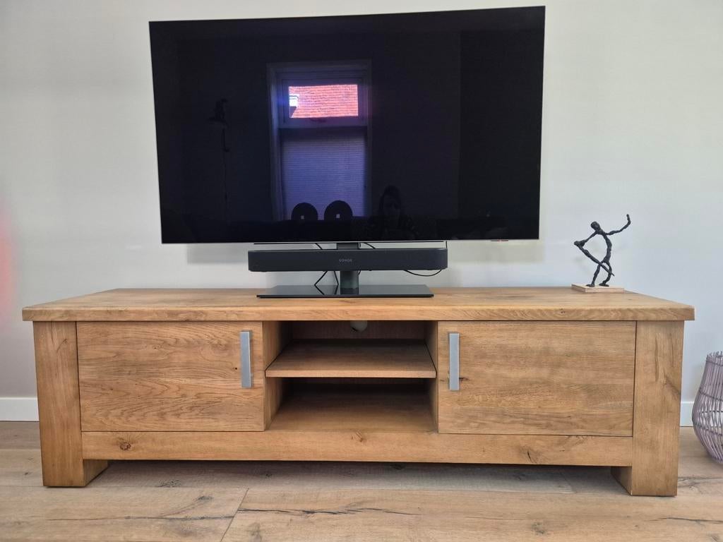 Massief eiken houten TV meubel, Ophalen, Gebruikt, 150 tot 200 cm, Minder dan 100 cm