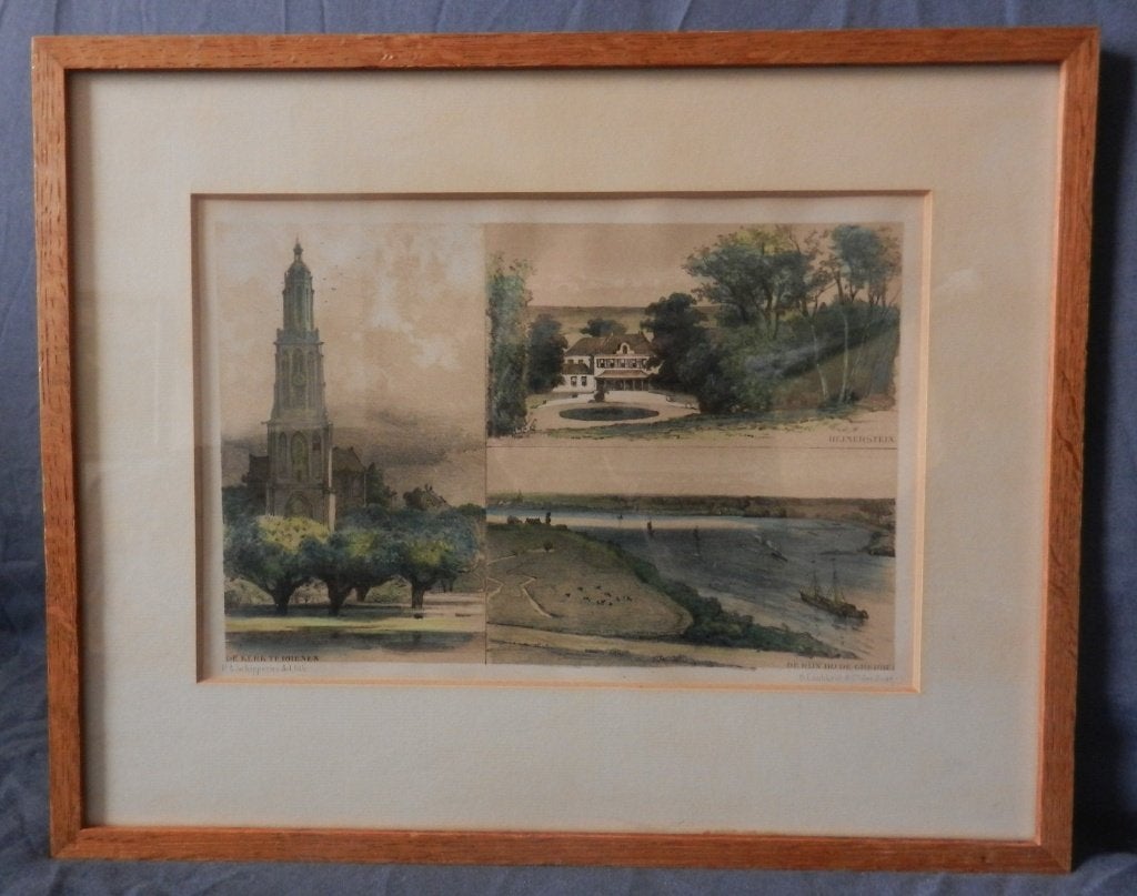 Litho De Kerk Rhenen Heimerstein De Rijn PA Schipperus 1880, Antiek en Kunst, Kunst | Litho's en Zeefdrukken, Met glas, Ophalen of Verzenden