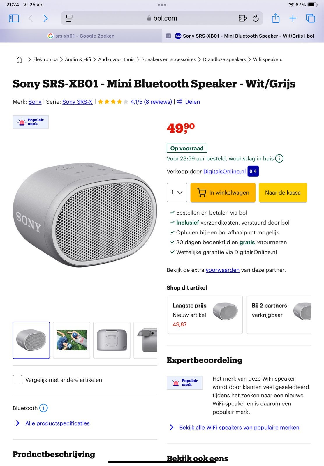 Sony SRS-XB01 Mini Bluetooth Speaker Wit/Grijs, Nieuw, Ophalen of Verzenden, Draagbare speaker, Sony