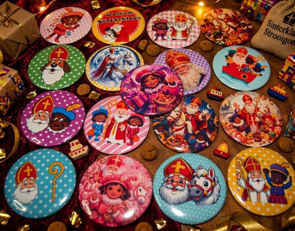 sint button heel veel soorten bijv 58mm 1,- pst sinterklaas, Ophalen of Verzenden, Nieuw, Figuurtje, Button