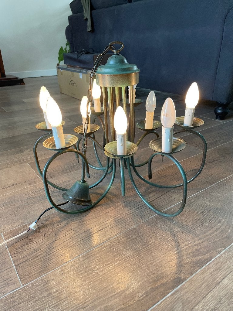 Metalen kroonluchter met 9 lampen, Ophalen, Gebruikt, Metaal, E14 (klein)