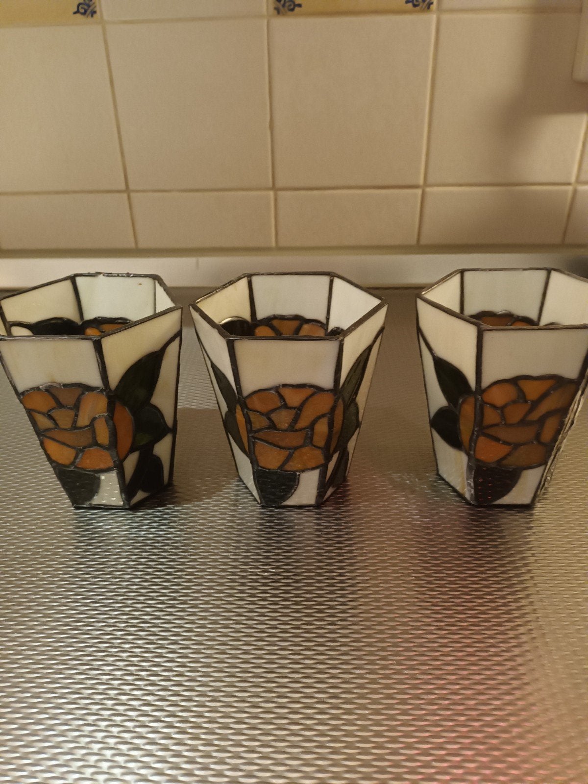 Set van 3 glas in lood Tiffany-stijl theelichthouders/vaasje, Vintage, Gebruikt, Meerkleurig, Ophalen of Verzenden
