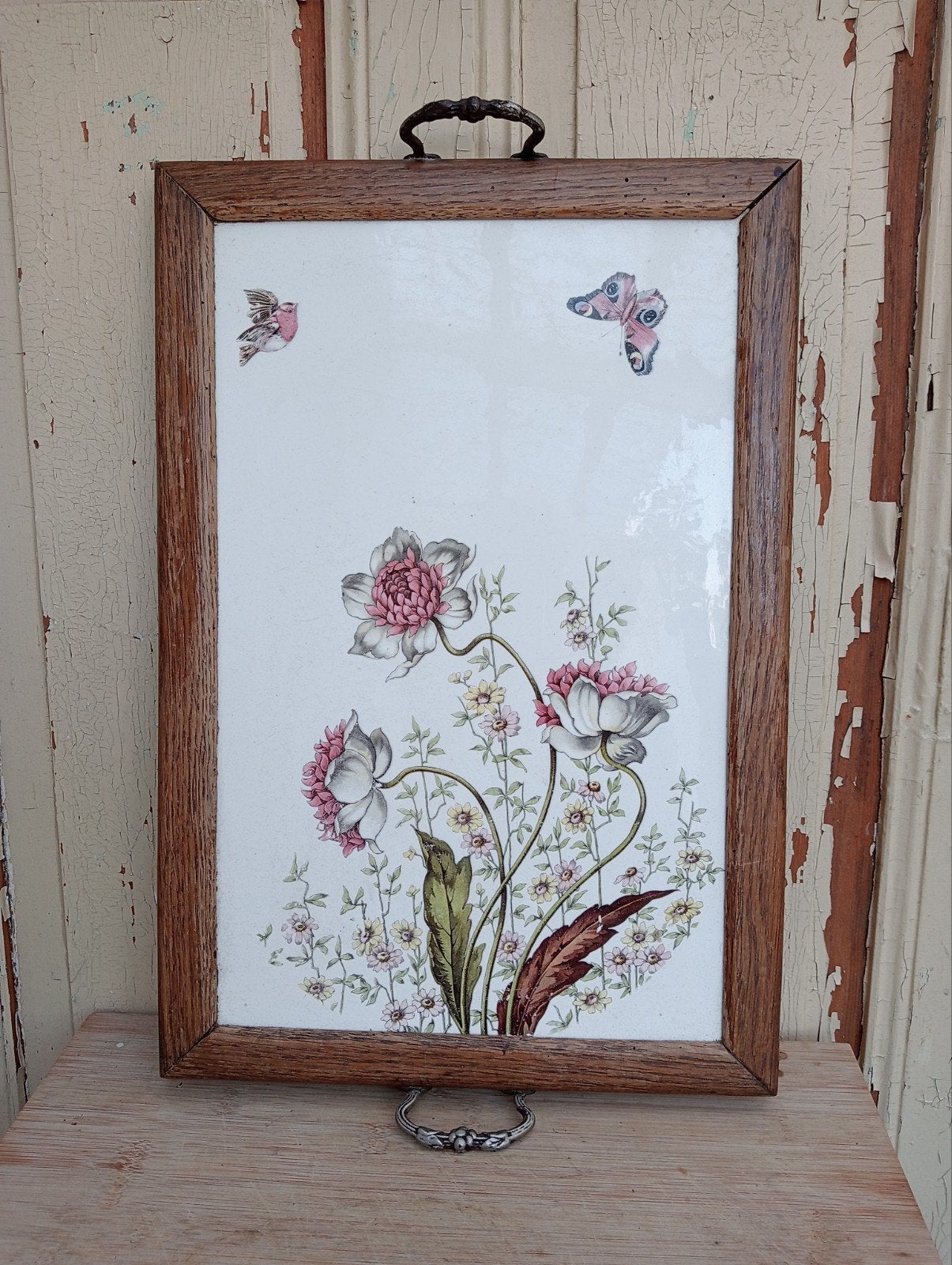 Vintage houten dienblad met bloemen en vlinders, Antiek en Kunst, Ophalen of Verzenden