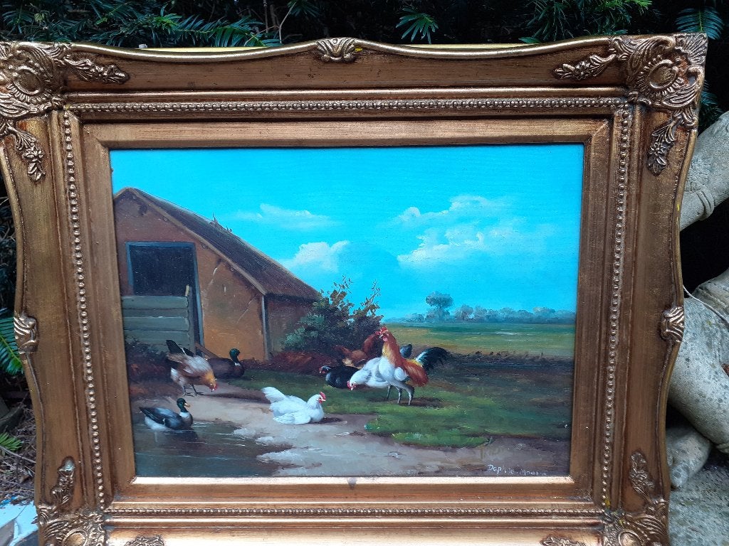Olieverfschilderij 'Dieren op het erf' in sierlijst, Paneel, Realistisch, Dieren, Ophalen of Verzenden