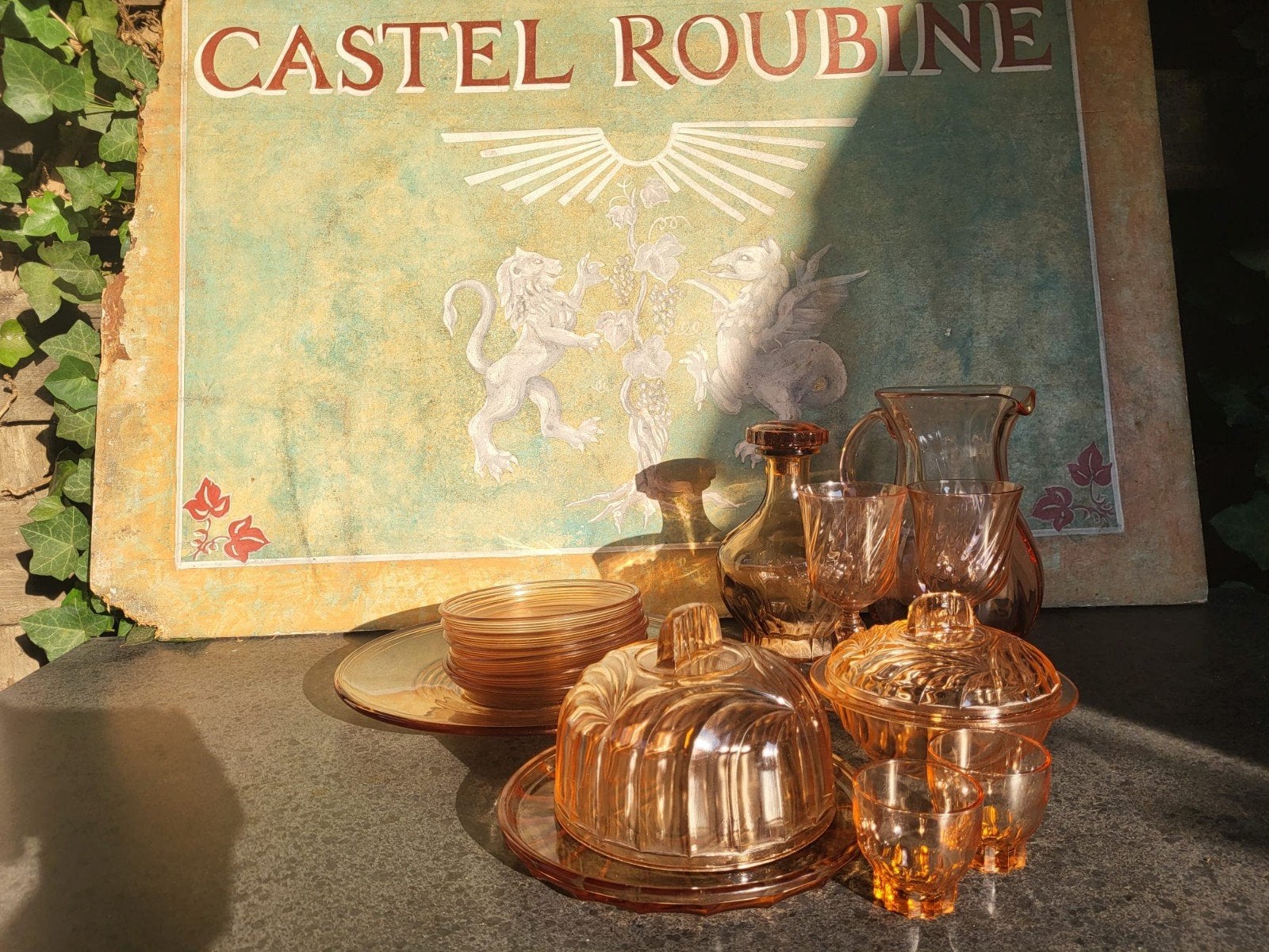 Vintage rozig depressie glaswerk set, Antiek en Kunst, Ophalen of Verzenden