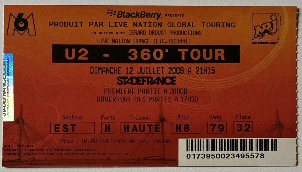 U2 - 360 Tour 2009 ticket (32), Ophalen of Verzenden, Gebruikt, Foto of Kaart