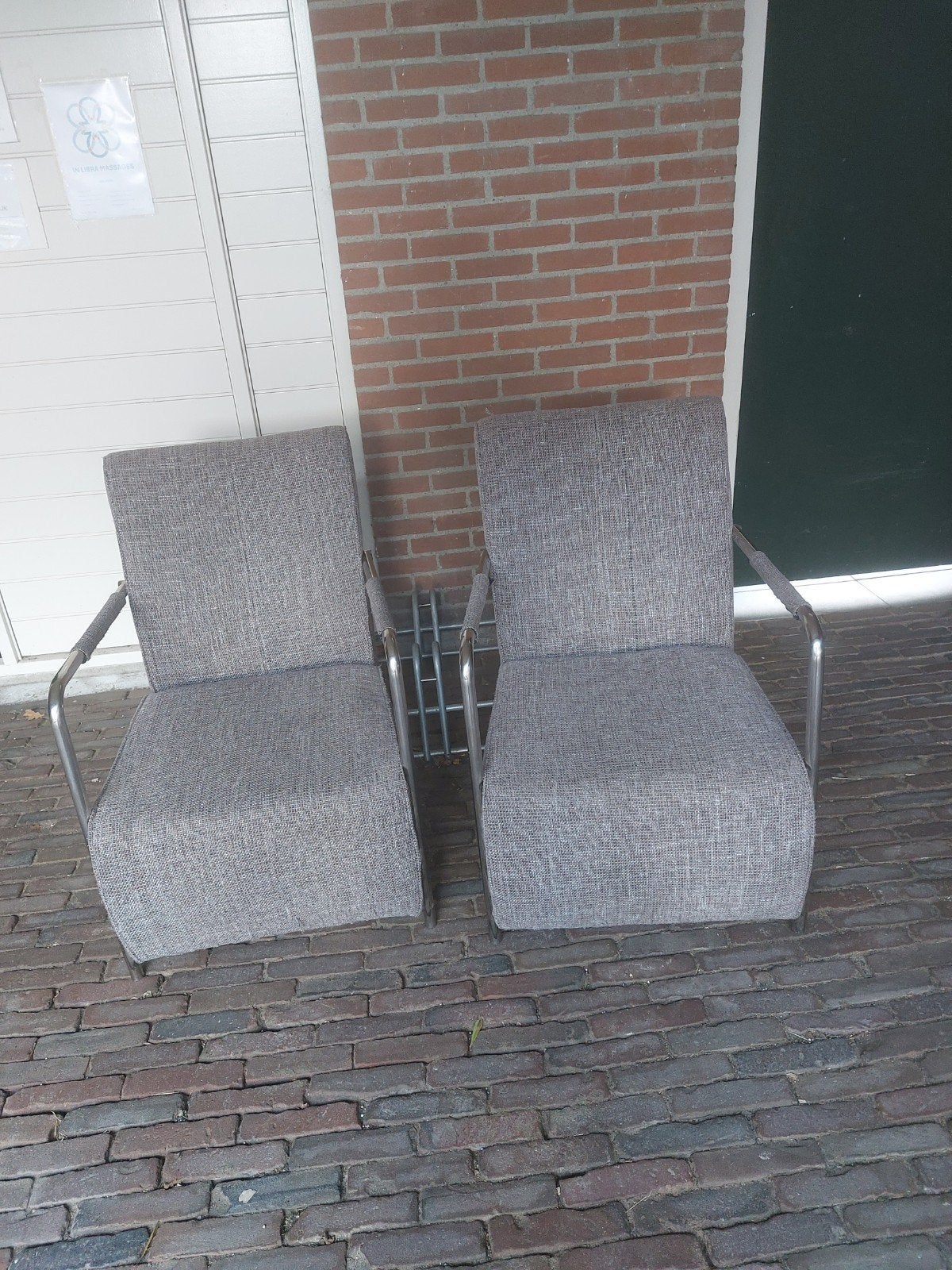 Set van 2 bruin/grijze stoelen met metalen frame, Ophalen, Gebruikt, Twee, Bruin