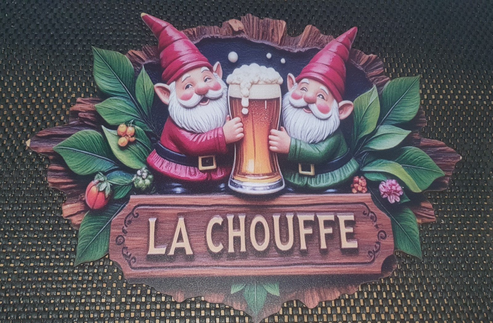 La Chouffe wandbord van hout - Decoratief reclamebord, Ophalen of Verzenden, Gebruikt, Reclamebord, Plaat of Schild, Overige merken