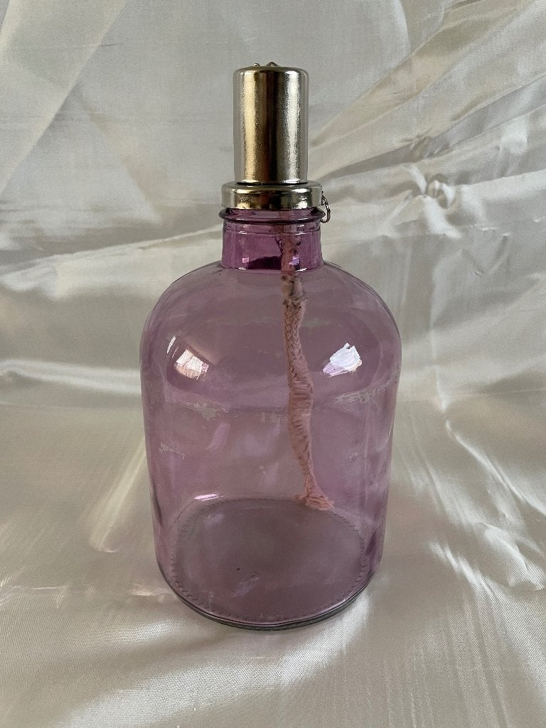 Roze glazen olielamp / oliefles met lont & dop, Lantaarn, Nieuw, Ophalen of Verzenden, Glas