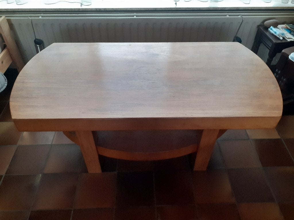 Massief eiken salontafel met boven en onderblad, Huis en Inrichting, Tafels | Salontafels, Ophalen, Gebruikt, 100 tot 150 cm, Eikenhout