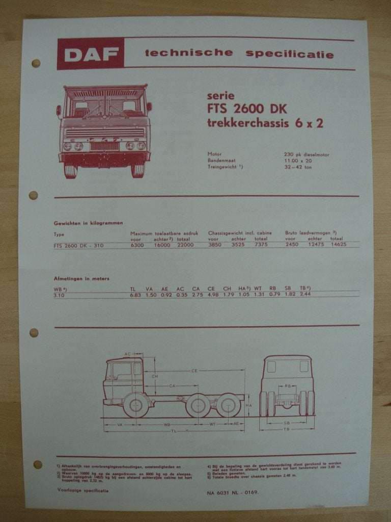 DAF FTS 2600 DK Technische Specificatie folder 1969 – 6x2, Ophalen of Verzenden, Zo goed als nieuw, Overige merken, DAF