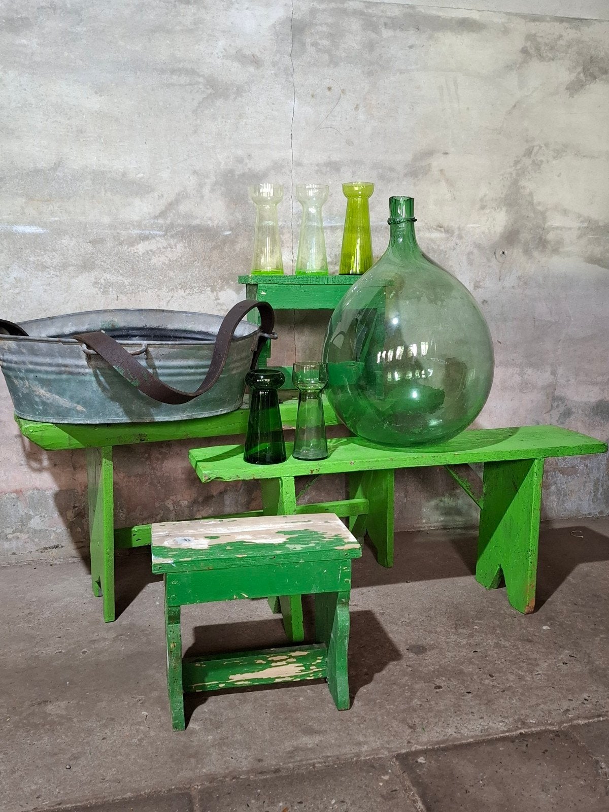 Oude brocante vintage houten voetenbankje bankje zaaivat, Ophalen of Verzenden