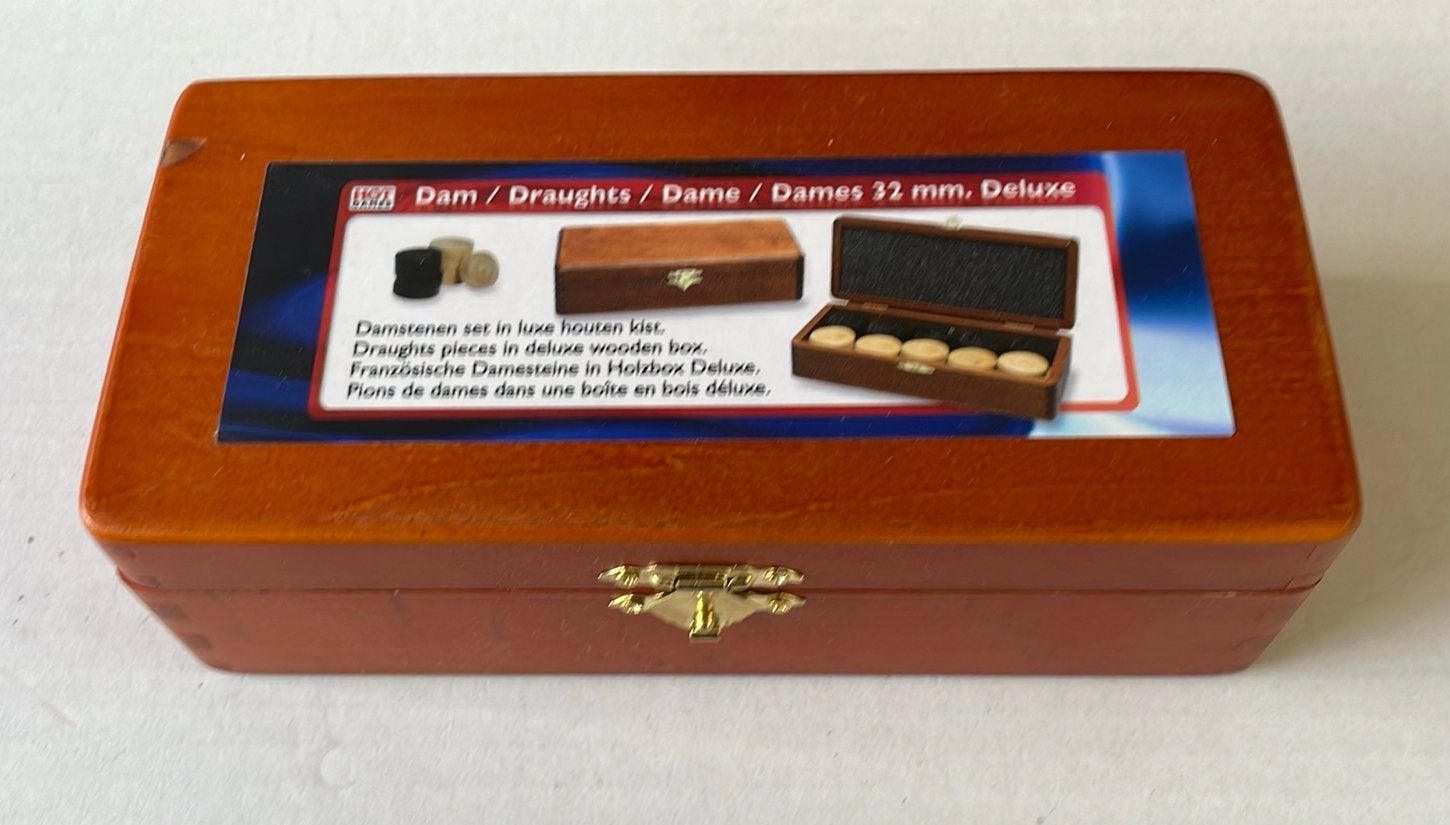 Damstenen 32 mm. In luxe houten kist, Nieuw, Ophalen of Verzenden, Zo goed als nieuw
