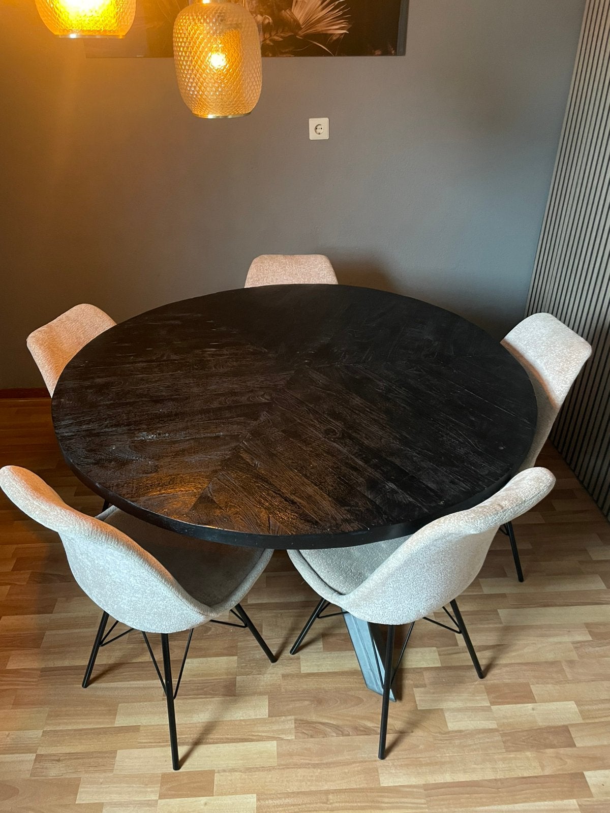 Mangohout ronde eettafel blad met een visgraatpatroon 130, Huis en Inrichting, Tafels | Eettafels, Ophalen, Gebruikt, Rond, Vijf personen of meer
