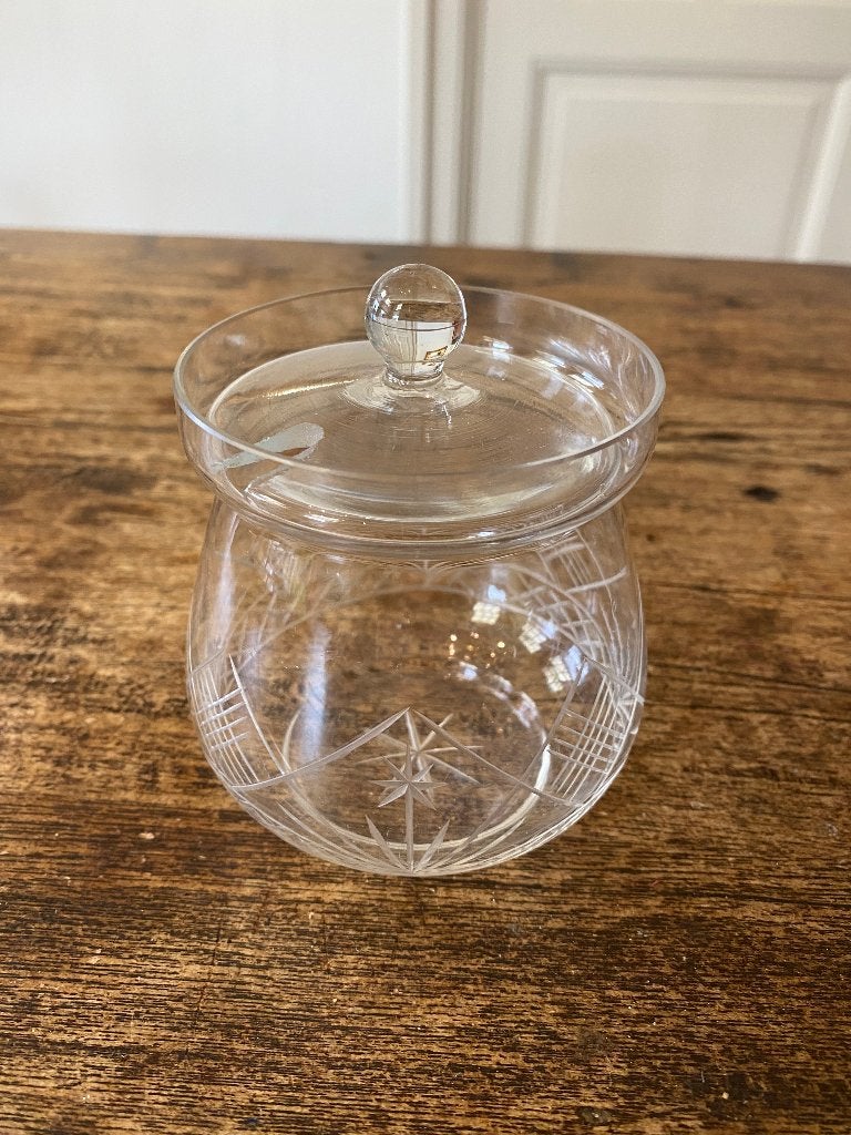 Brocante glazen jampotje, deksel en motiefje, Antiek en Kunst, Ophalen of Verzenden
