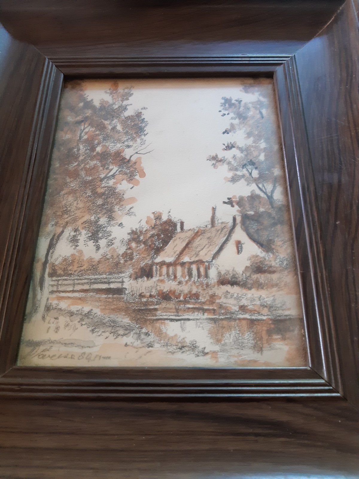aquarel landschap in houten lijstje, Ophalen of Verzenden