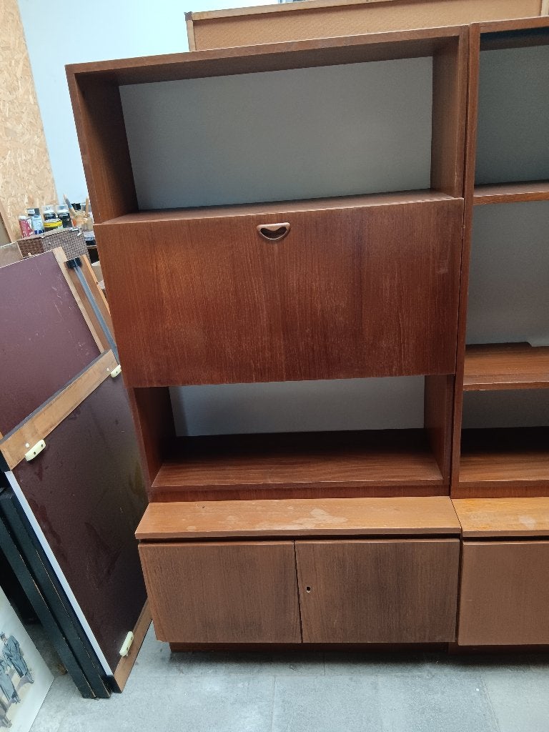 Set 2 vintage teak wandkasten met secretaire, Huis en Inrichting, Ophalen, Gebruikt, Mid century