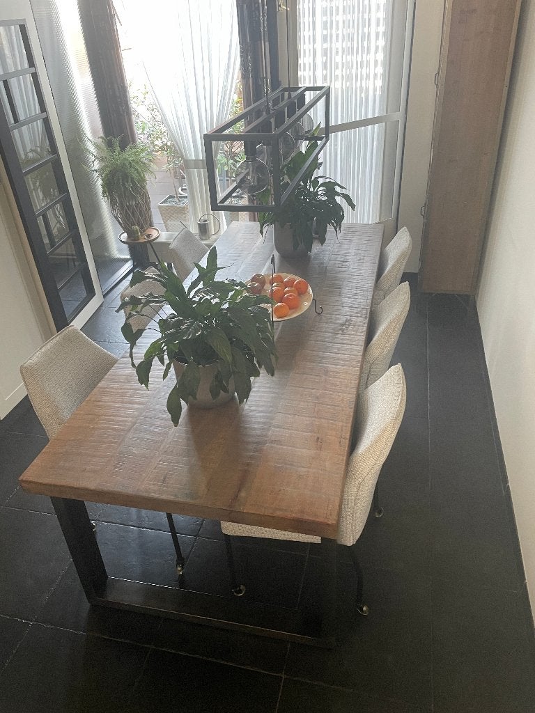 Eettafel 240x100 met stalen poten, Ophalen, 200 cm of meer, Zo goed als nieuw, Vijf personen of meer