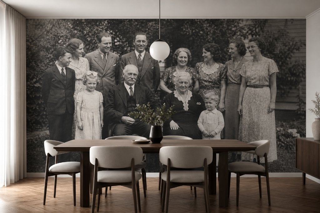 Foto op behang – oude familiefoto zwart-wit, Huis en Inrichting, Stoffering | Behang, Overige patronen, Overige merken, Ophalen of Verzenden