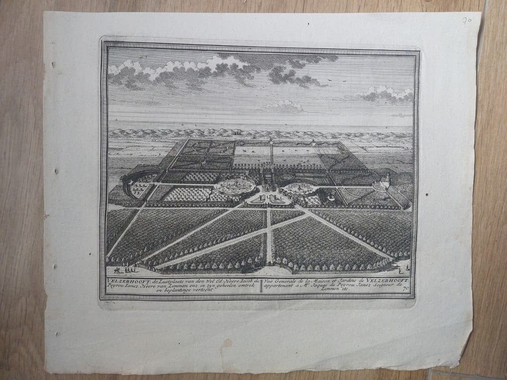 70 / Velzerhooft te Velsen Santpoort Noord Gravure uit 1732, Stadsgezicht, 17 cm, Blanco verso, Ophalen of Verzenden