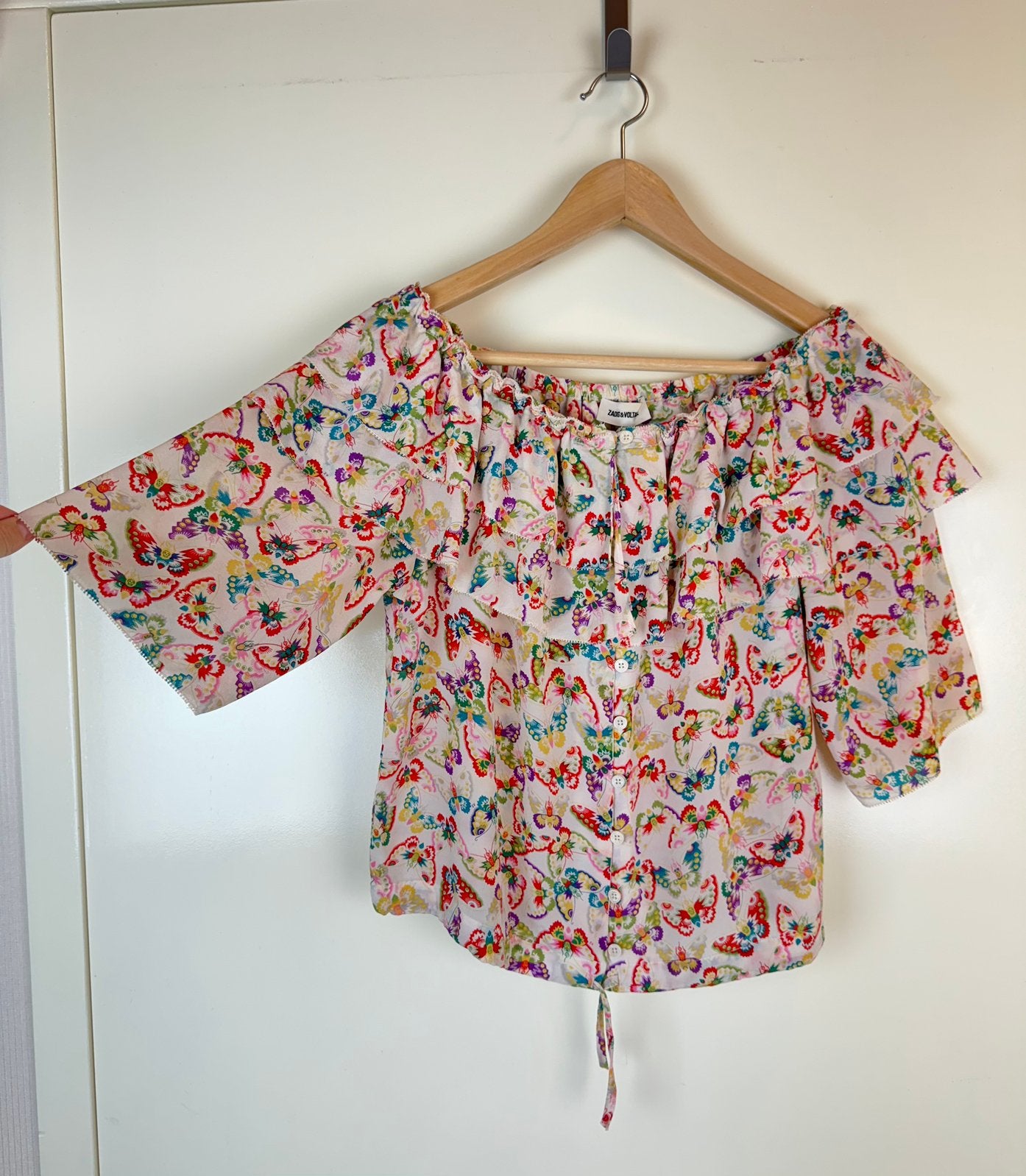 ZADIG VOLTAIRE Silk Zijde Butterfly Print Off Shoulders Top, Meerkleurig, Ophalen of Verzenden, Zo goed als nieuw, Korte mouw