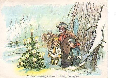 Ansichtkaart 	Paarden	en kerstboom met kaarsjes, Verzenden, 1960 tot 1980, Gelopen, Paard