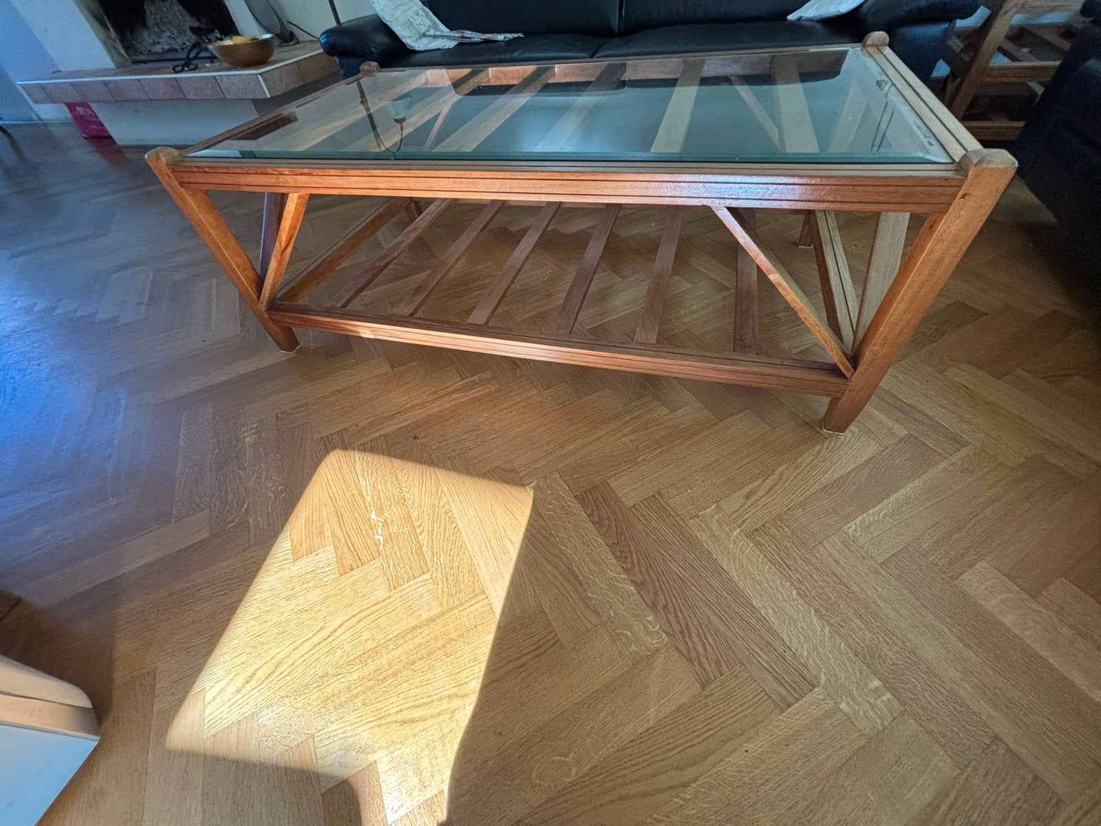 Salontafel en bijzettafel teakhout, Ophalen, Gebruikt, 100 tot 150 cm, Teakhout
