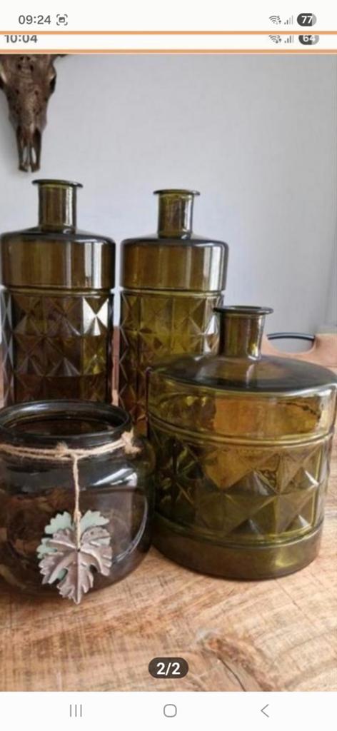 4 delig groen  vazen set, Ophalen of Verzenden, Minder dan 50 cm, Groen, Glas