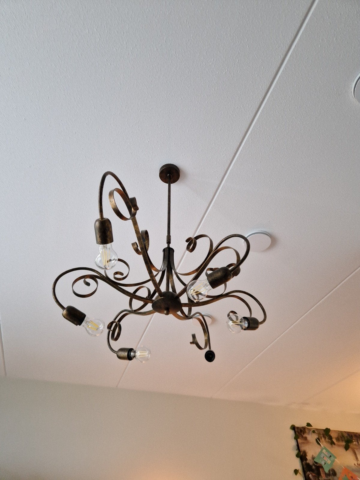 Sierlijke bronzen kroonluchter met 6 lichtpunten, Klassiek, Landelijk, Sierlijk, Zo goed als nieuw, Metaal, E27 (groot)