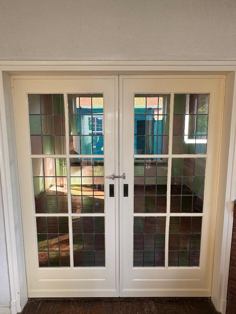 Dubbele ensuite schuifdeuren met glas in lood, Ophalen, Gebruikt, 80 tot 100 cm, Binnendeur