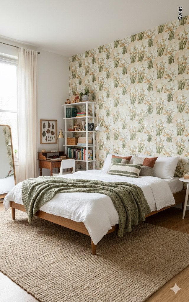 14150 vintage floral behang beige peach groen turquoise, Ophalen of Verzenden, Groen