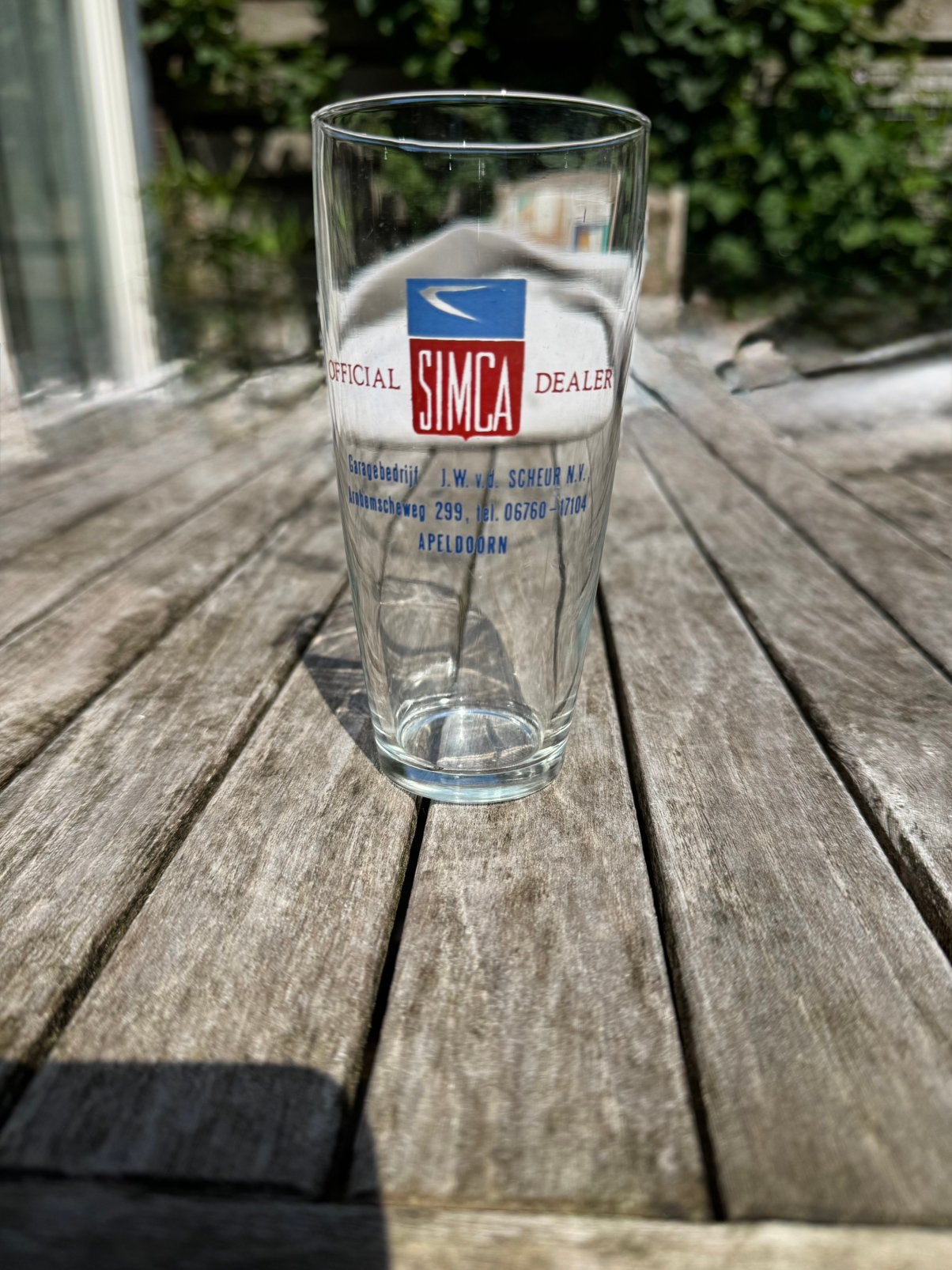 Vintage Simca reclame glas Van der Scheur dealer, Apeldoorn, Ophalen of Verzenden, Overige typen